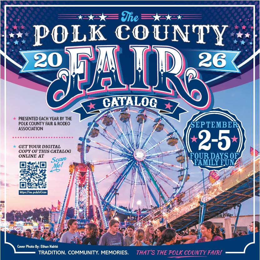 Promotional Polk County Fair 2026 poster featuring a Ferris wheel crowd and bold event textSept 25 four days of family fun includes a QR code