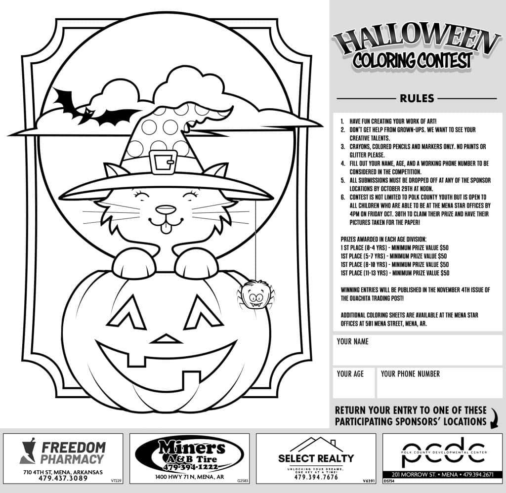 Black and white Halloween coloring contest illustration with a smiling animal inside a pumpkin frame a bat in the clouds and a rules panel on the right