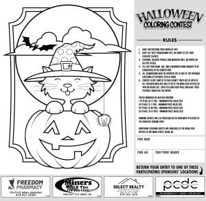 Black-and-white Halloween coloring contest illustration with a smiling animal inside a pumpkin frame, a bat in the clouds, and a rules panel on the right.
